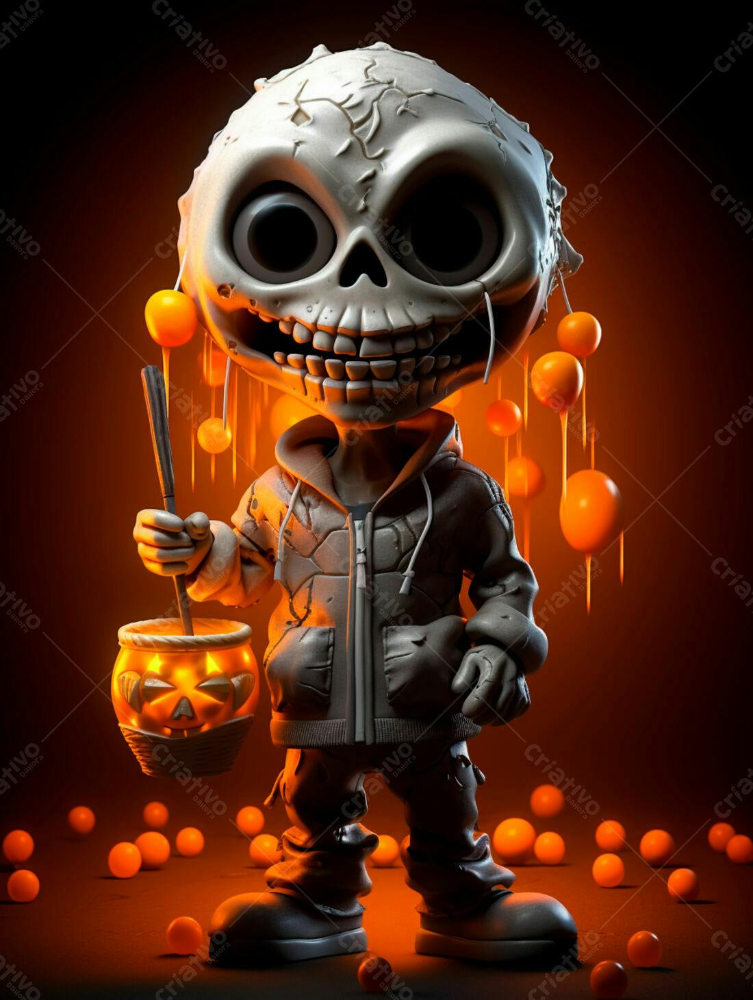Esqueleto fofo com abóbora no Halloween