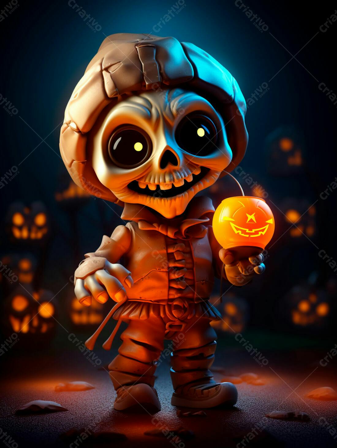 Esqueleto fofo com abóbora no Halloween