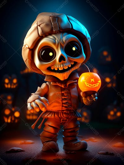Mascote Esqueleto De Halloween Em 3D Com Olhos Grandes