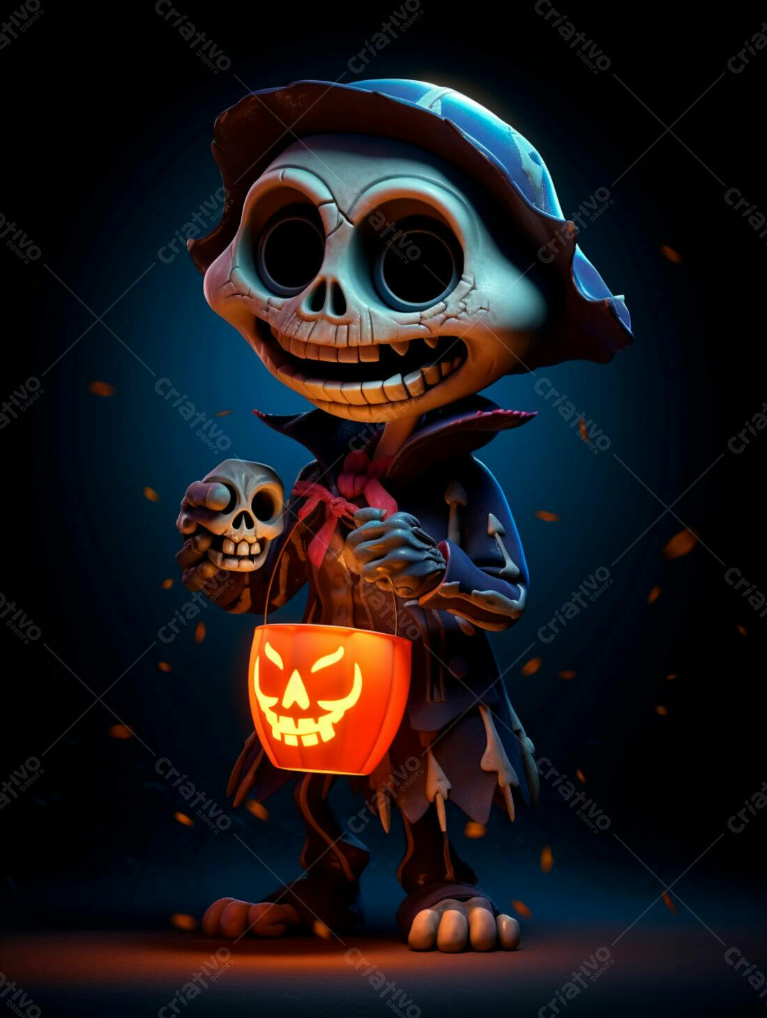 Esqueleto fofo com abóbora no Halloween