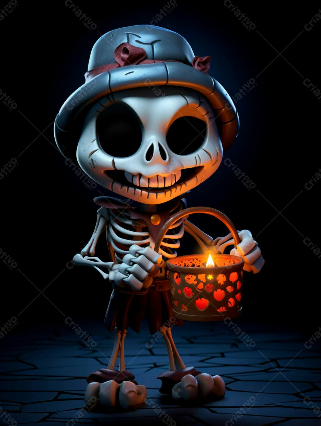 Esqueleto fofo com lanterninha no Halloween