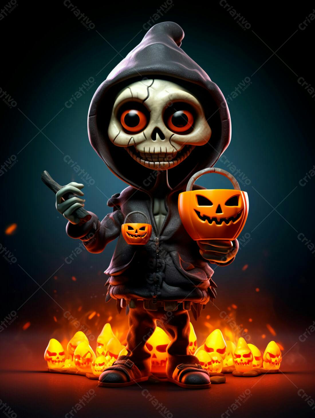 Fofo Esqueleto de Halloween com Balde de Doces