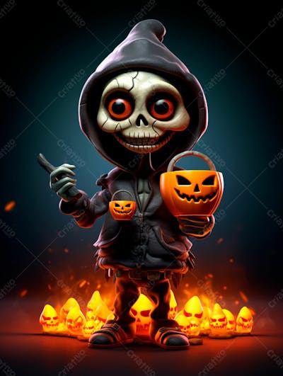 Mascote Esqueleto De Halloween Em 3D Com Olhos Grandes