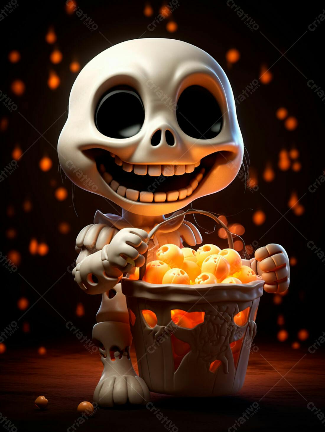 Esqueleto fofo com balde de doces Halloween