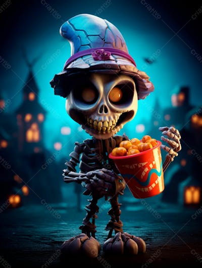 Mascote Esqueleto De Halloween Em 3D Com Olhos Grandes