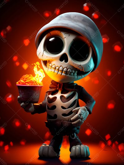 Mascote Esqueleto De Halloween Em 3D Com Olhos Grandes