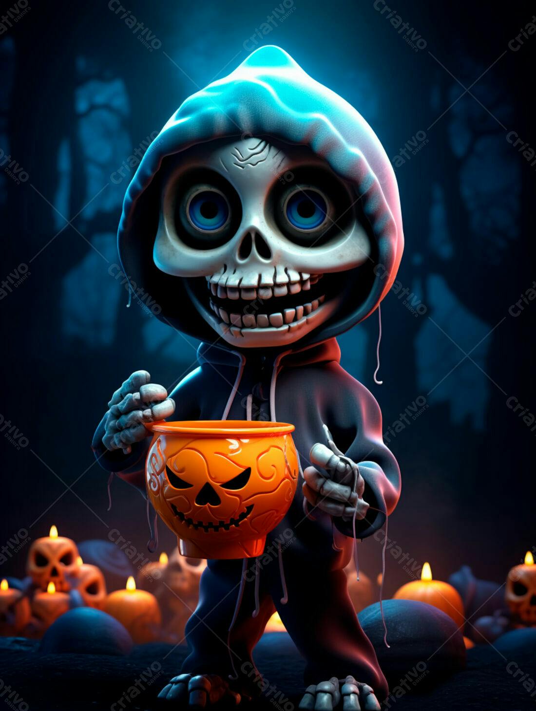 Esqueleto fofo com abóbora no Halloween