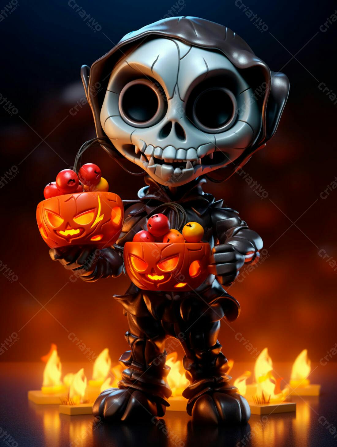 Esqueleto fofo com abóboras de Halloween