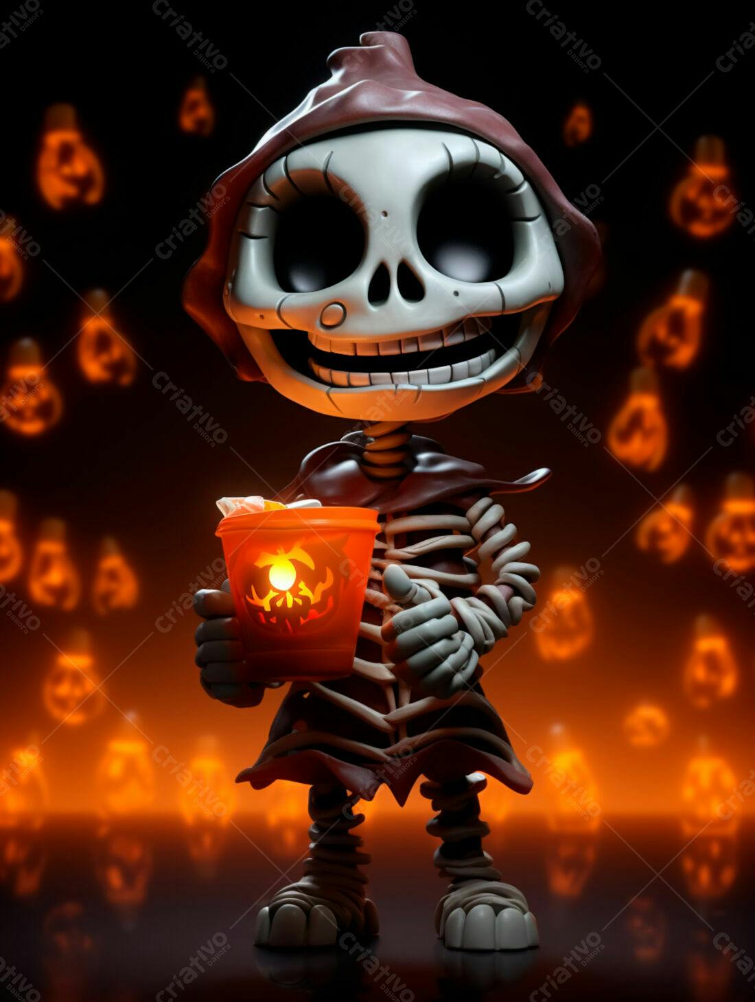 Esqueleto fofo com abóbora no Halloween