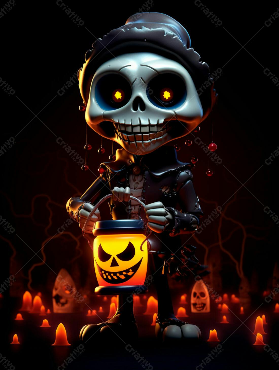 Esqueleto fofo com lanterna de Halloween