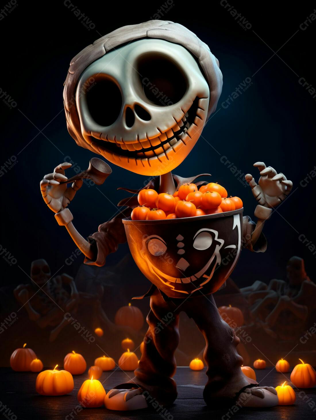 Esqueleto divertido com abóboras no Halloween