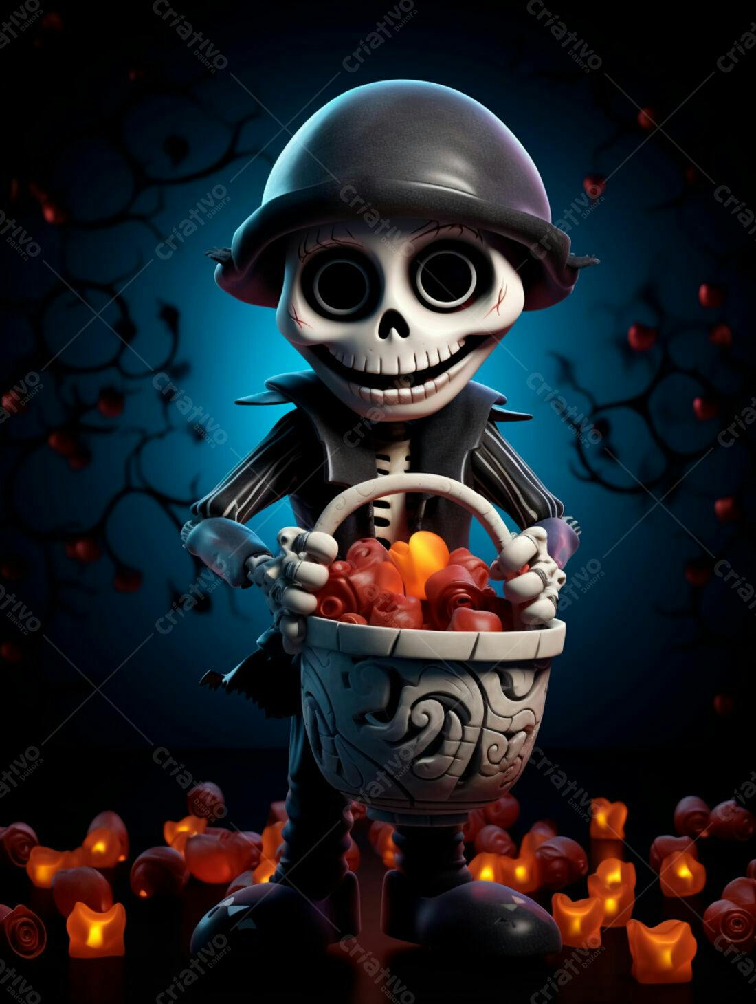 Esqueleto fofo com doces de Halloween