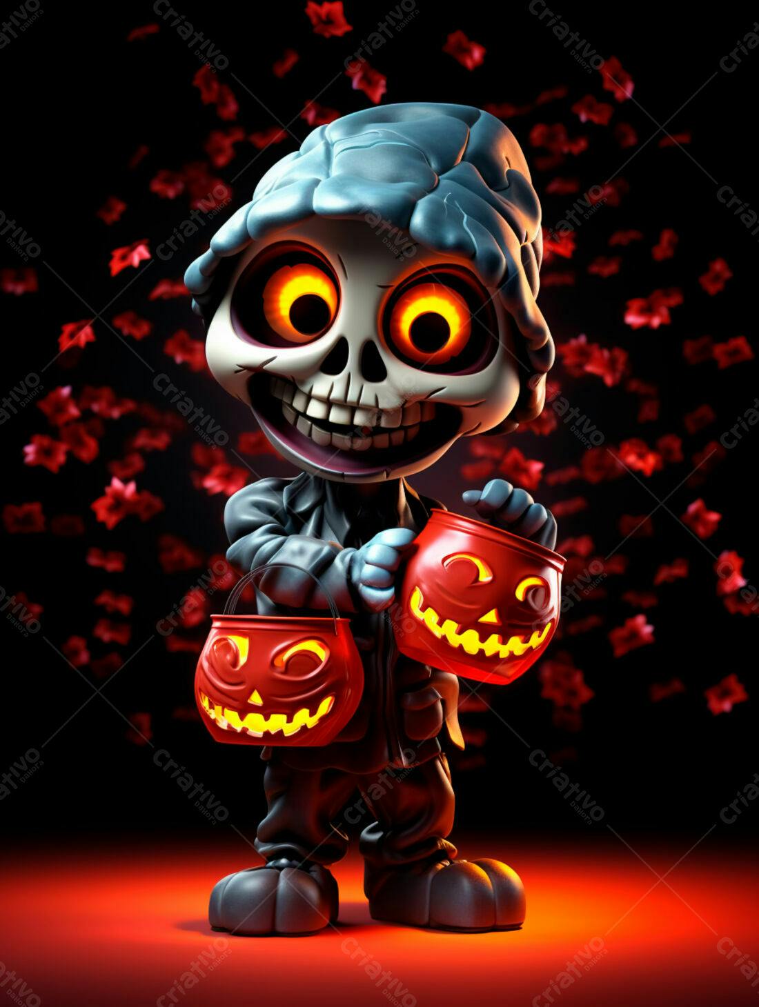 Esqueleto fofo com baldes de doces Halloween