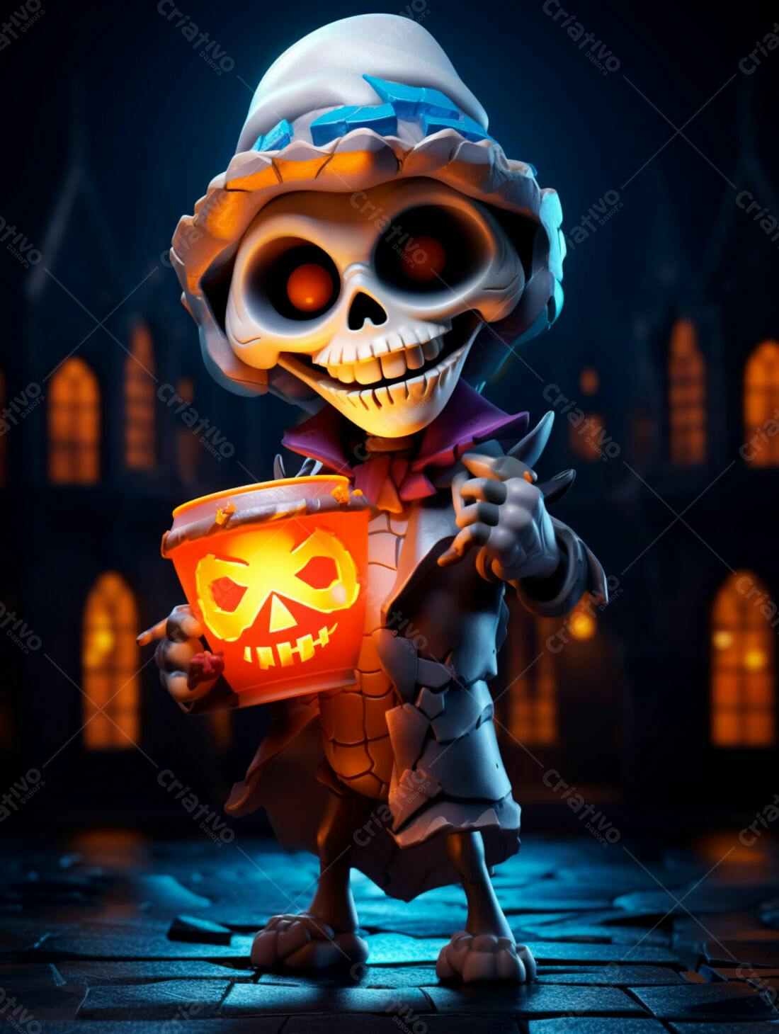 Esqueleto fofo com abóbora no Halloween