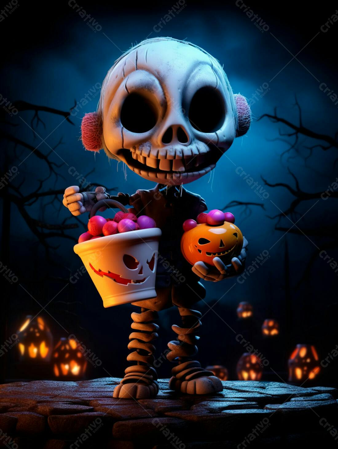 Esqueleto fofo com doces no Halloween