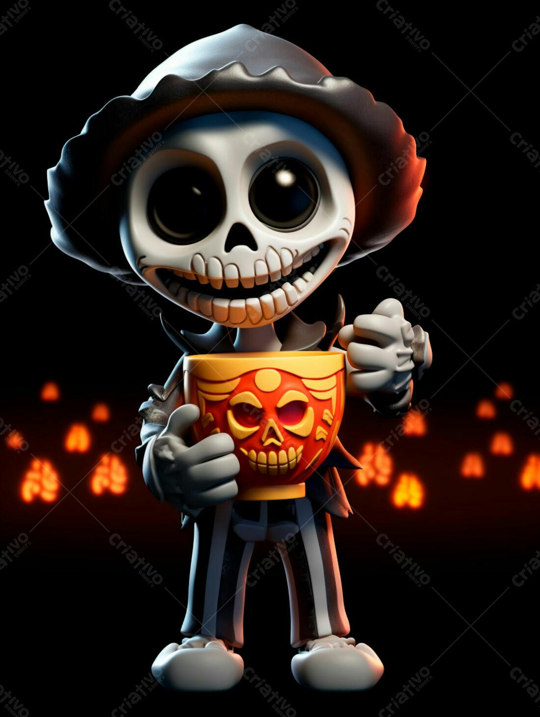 Esqueleto fofo com caneca Dia das Bruxas