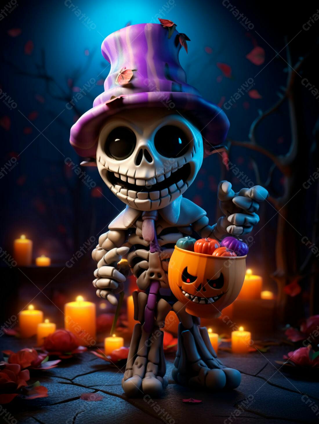Esqueleto fofo com chapéu e doces de Halloween