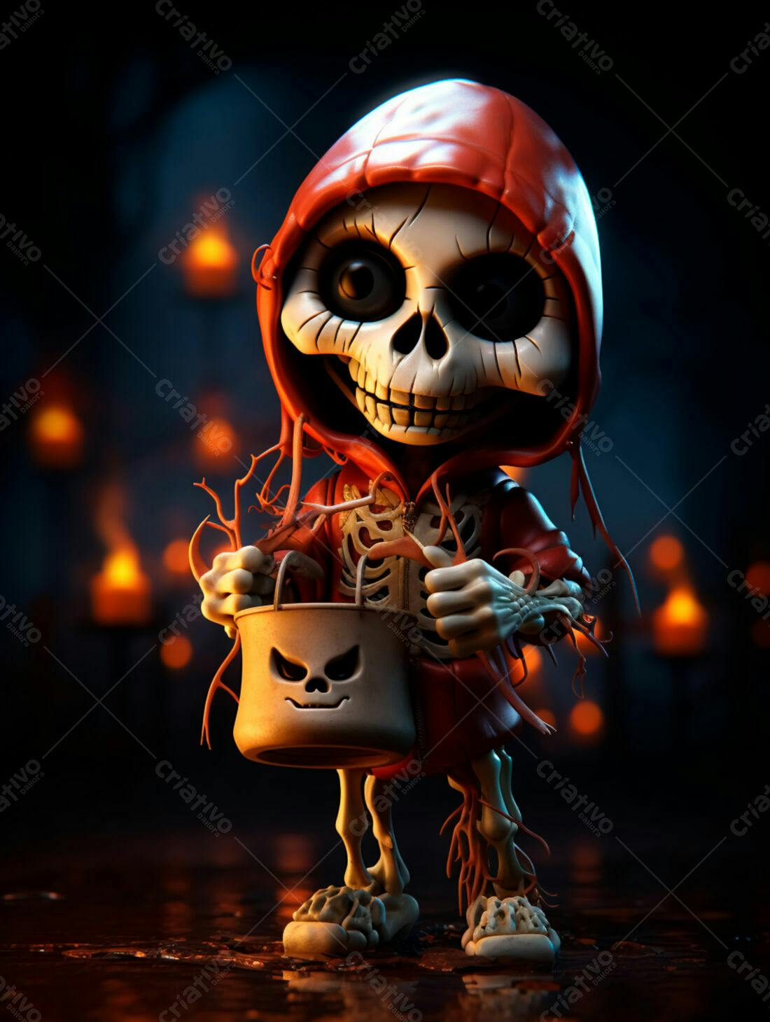 Esqueleto fofo com balde de doces Halloween