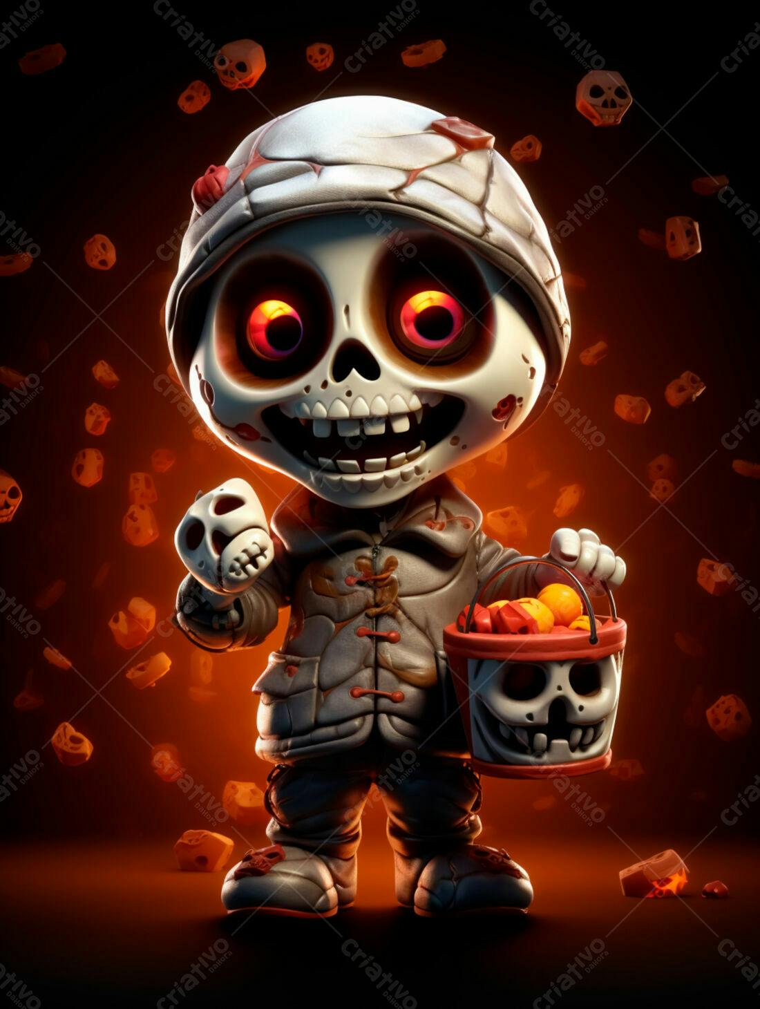Esqueleto fofo com balde de doces no Halloween