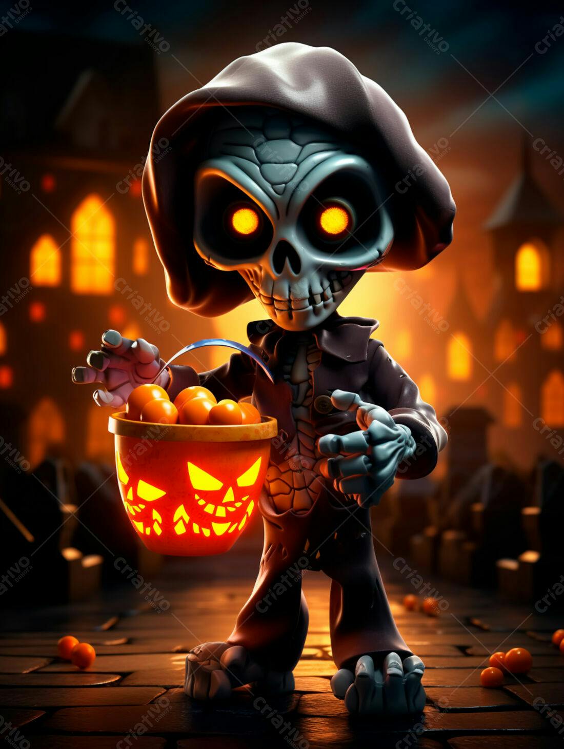 Esqueleto fofo com doces de Halloween