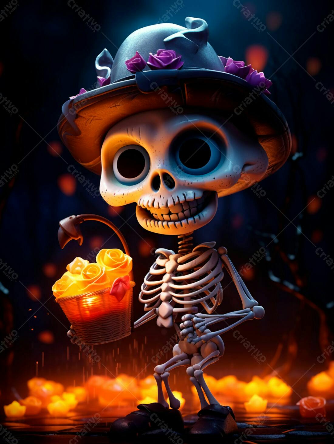 Esqueleto fofo com cesta de flores Dia dos Mortos