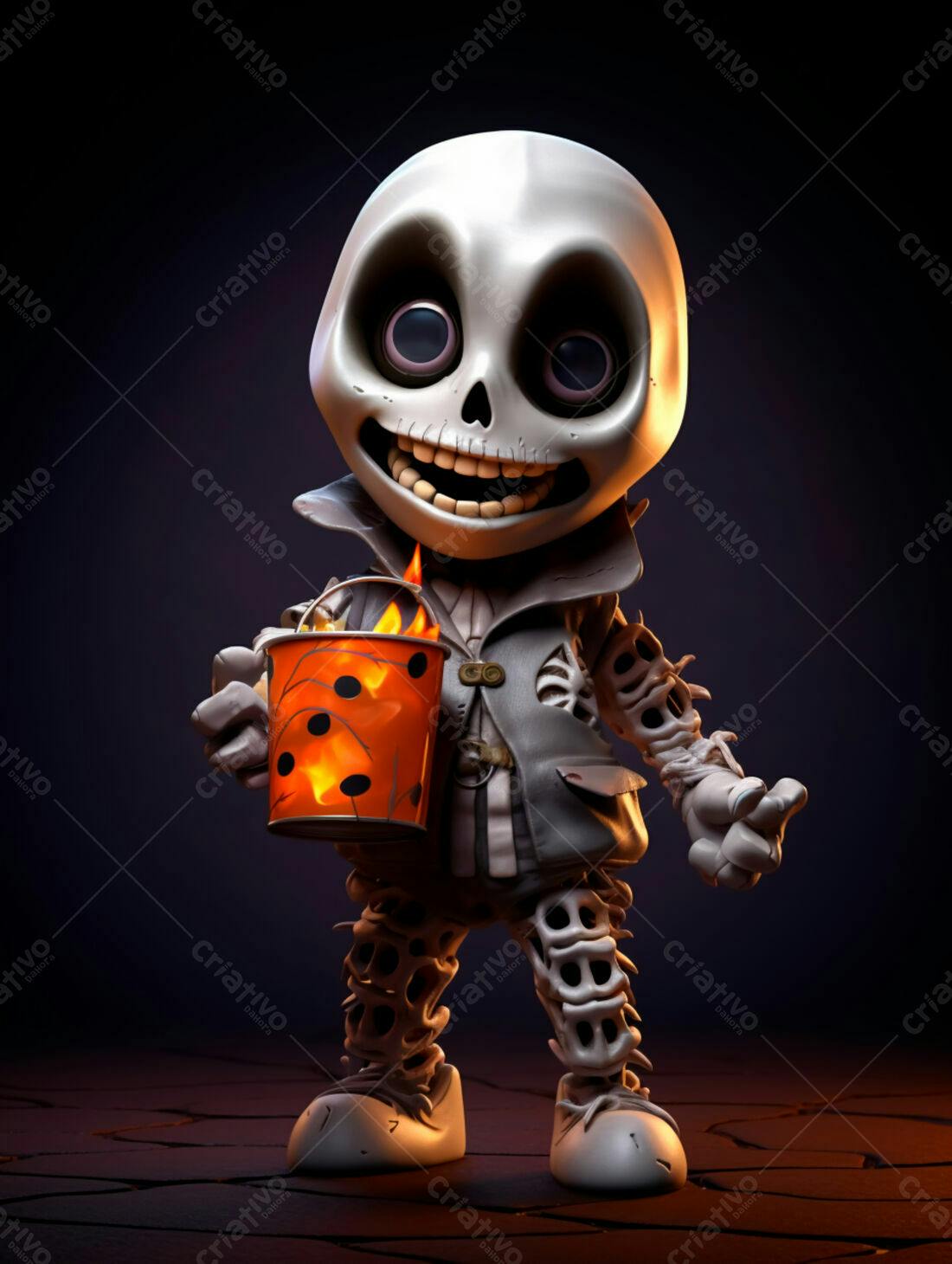 Esqueleto fofo com balde de doces Halloween