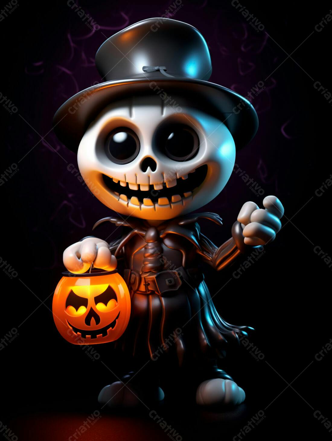 Esqueleto fofo com abóbora Halloween