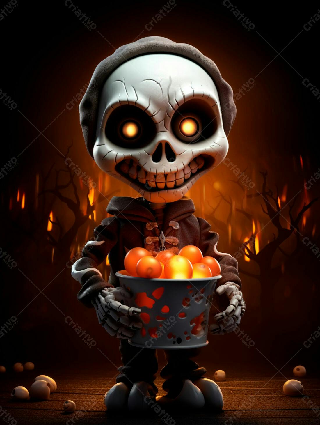Esqueleto fofo com doces de Halloween