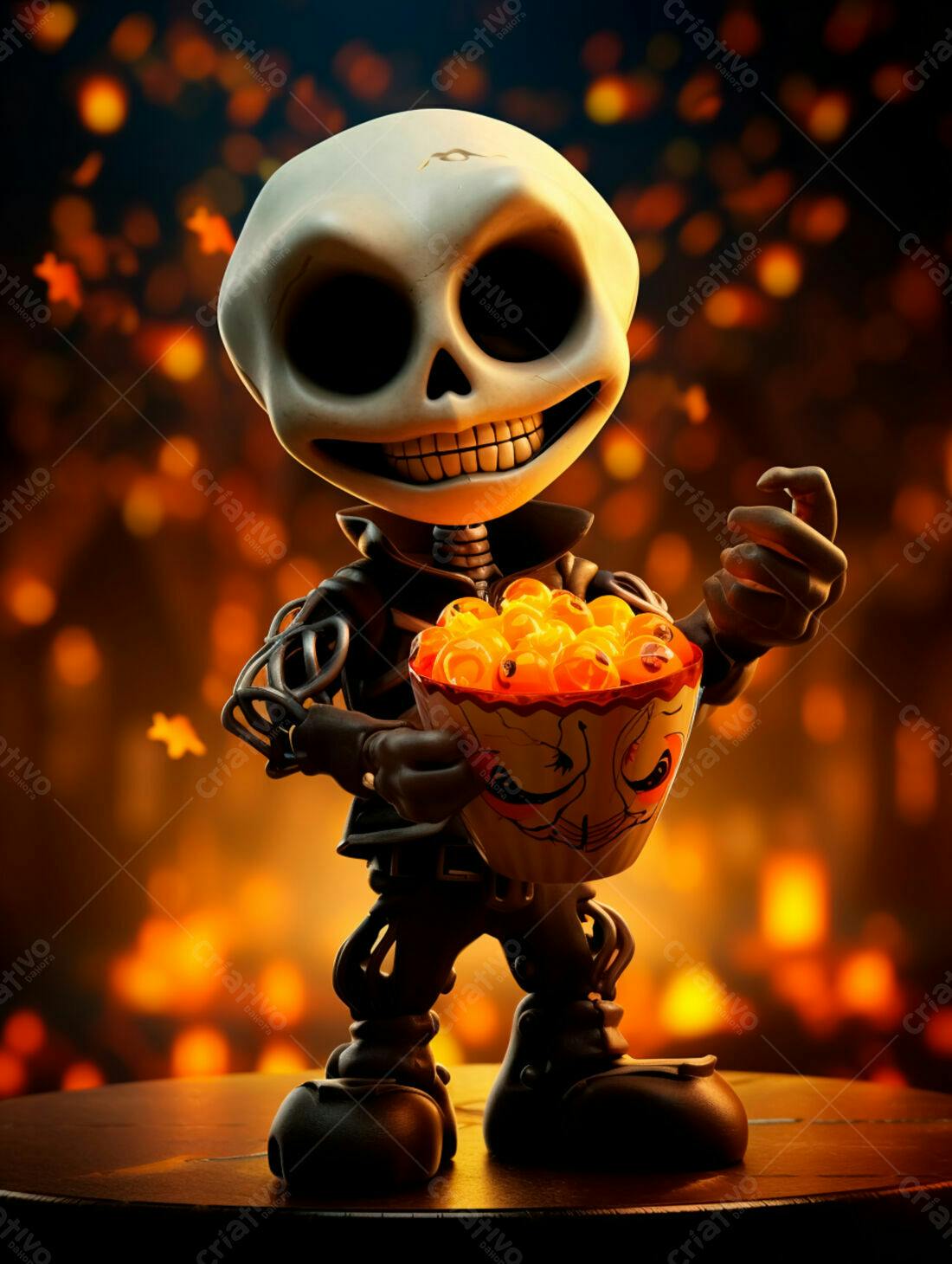 Esqueleto fofo com doces de Halloween