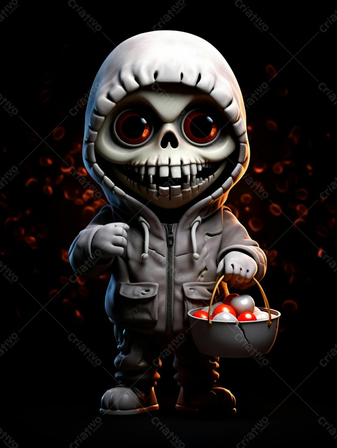 Caveira fofa com doces em balde cinza