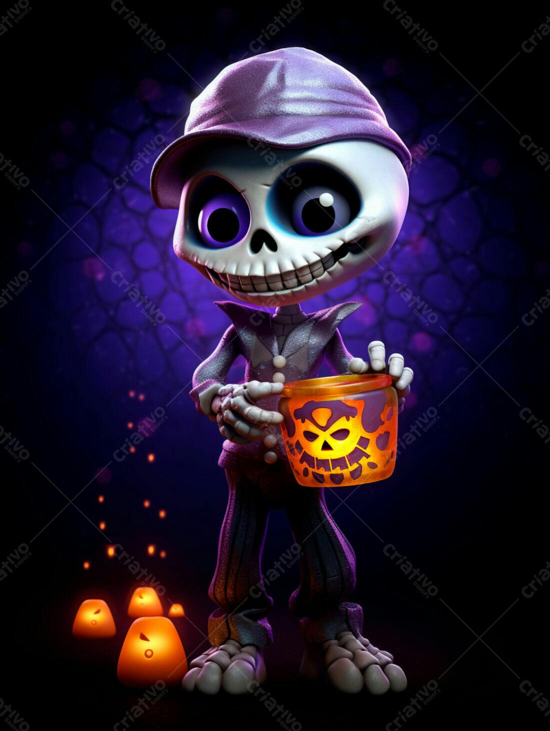 Esqueleto fofo com abóbora no Halloween