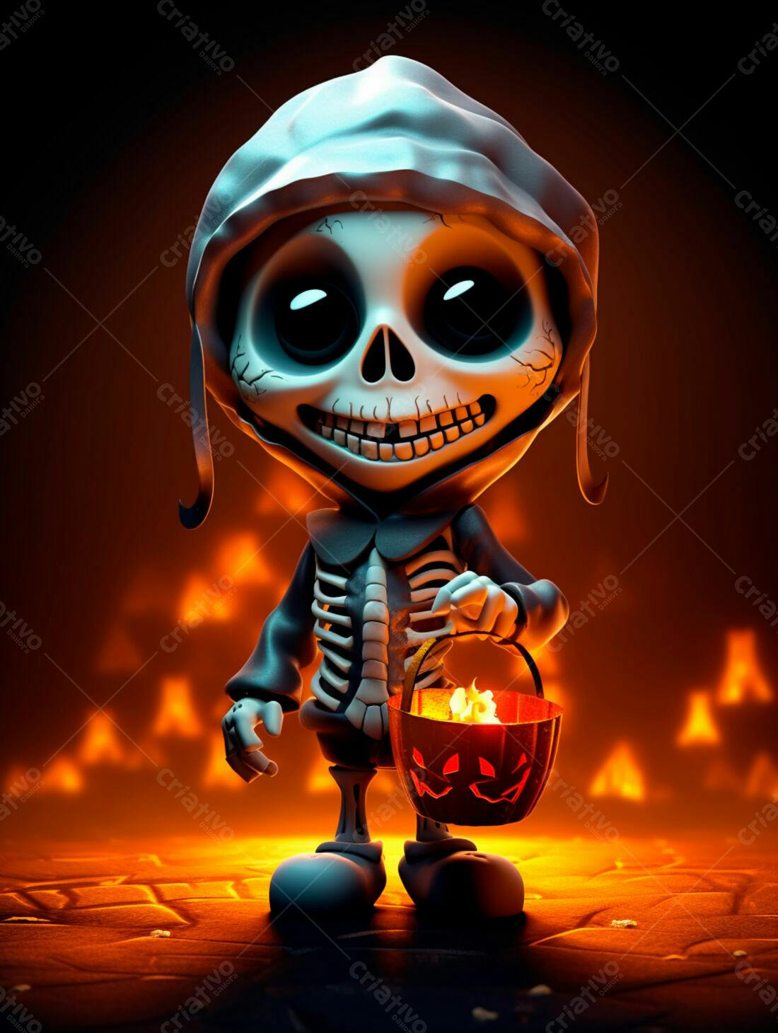Esqueleto fofo com abóbora no Halloween