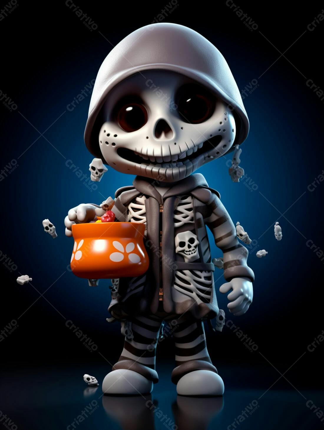 Esqueleto fofo com doces de Halloween