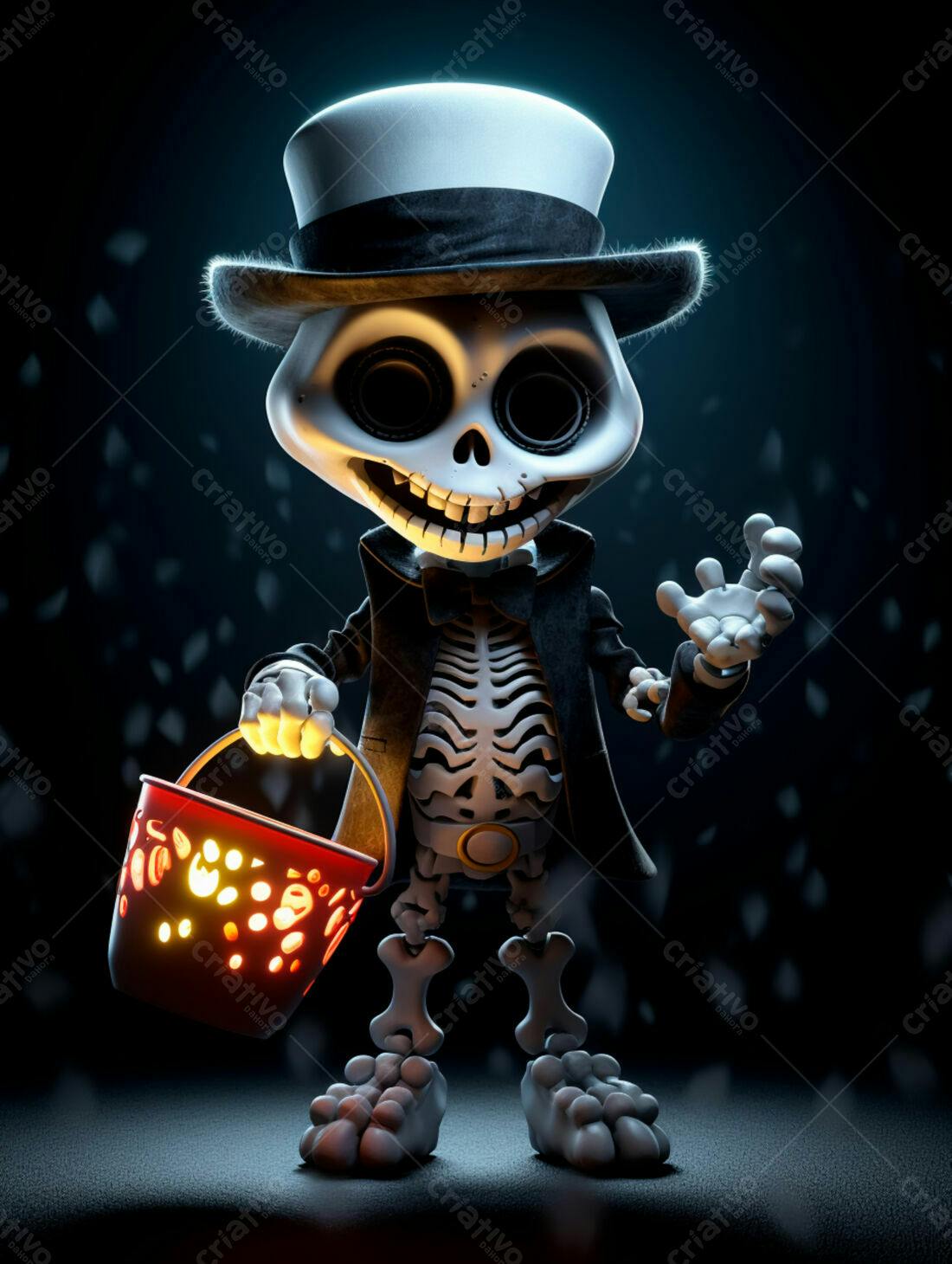 Esqueleto fofo com chapéu e lanterna de Halloween