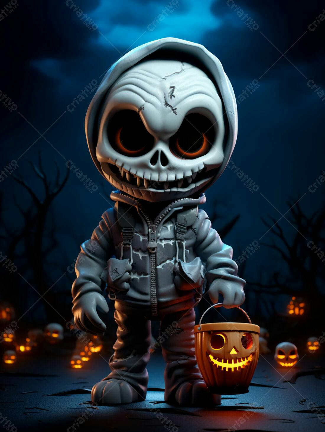 Esqueleto fofo com abóbora no Halloween