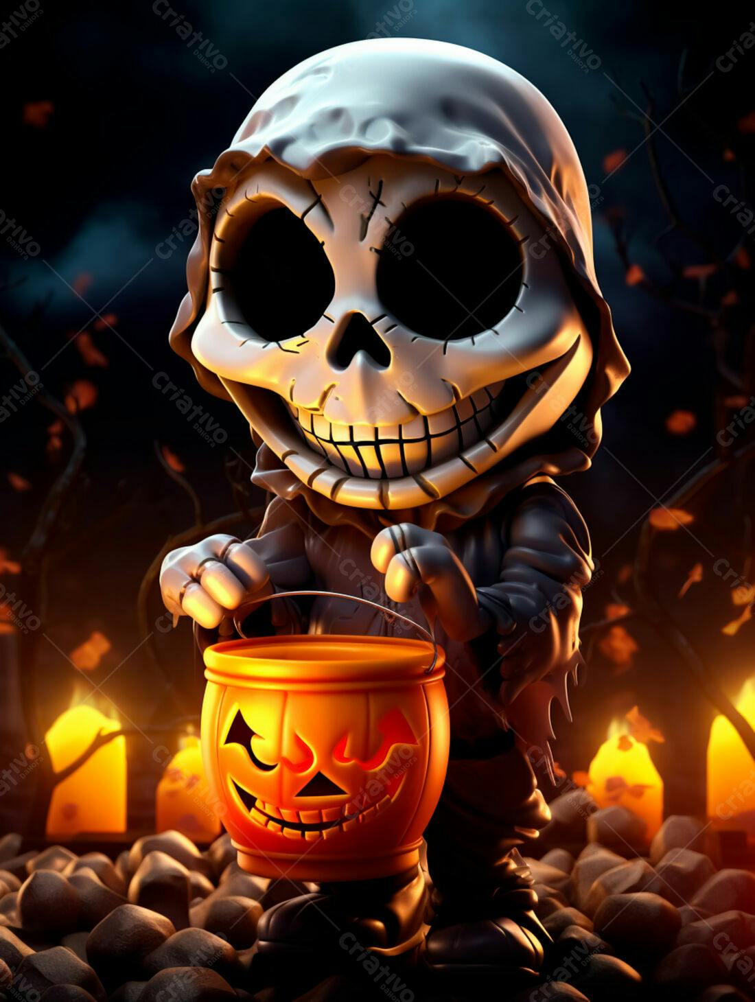 Fantasma fofo com balde de doces de Halloween