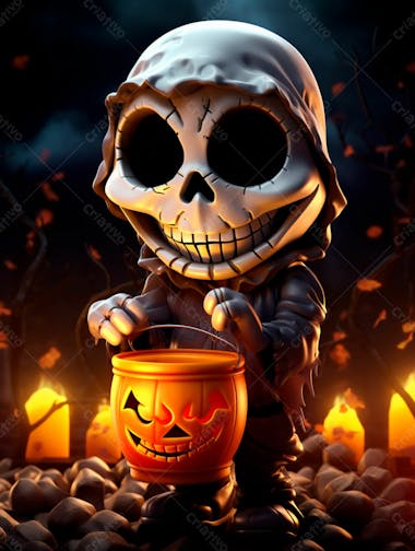 Mascote esqueleto de halloween em 3d com olhos grandes