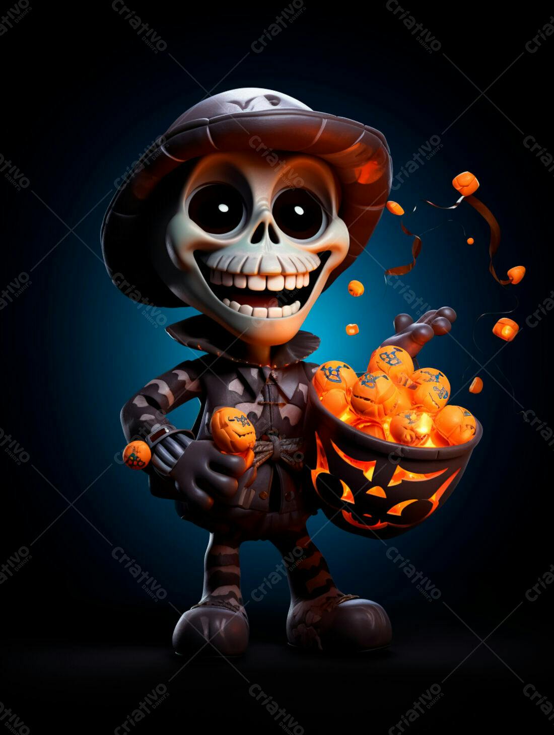 Esqueleto fofo com abóboras de Halloween