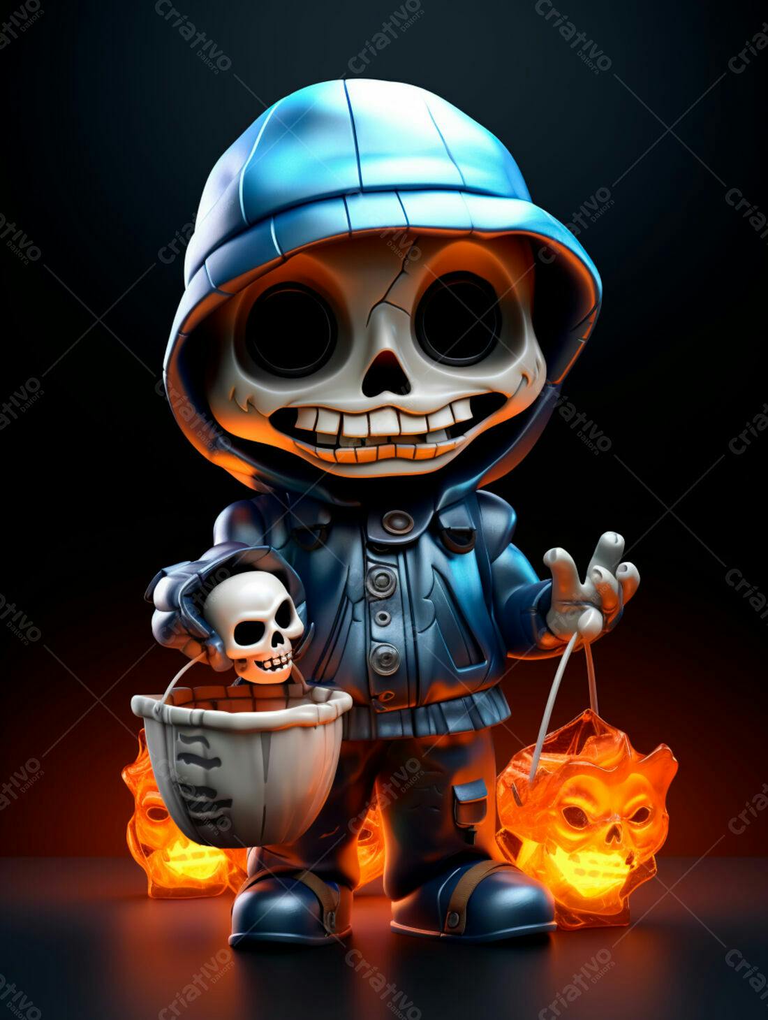 Esqueleto fofo com balde de doces no Halloween