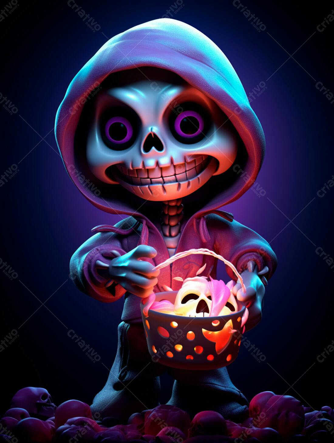 Esqueleto fofo com cesta de doces Halloween