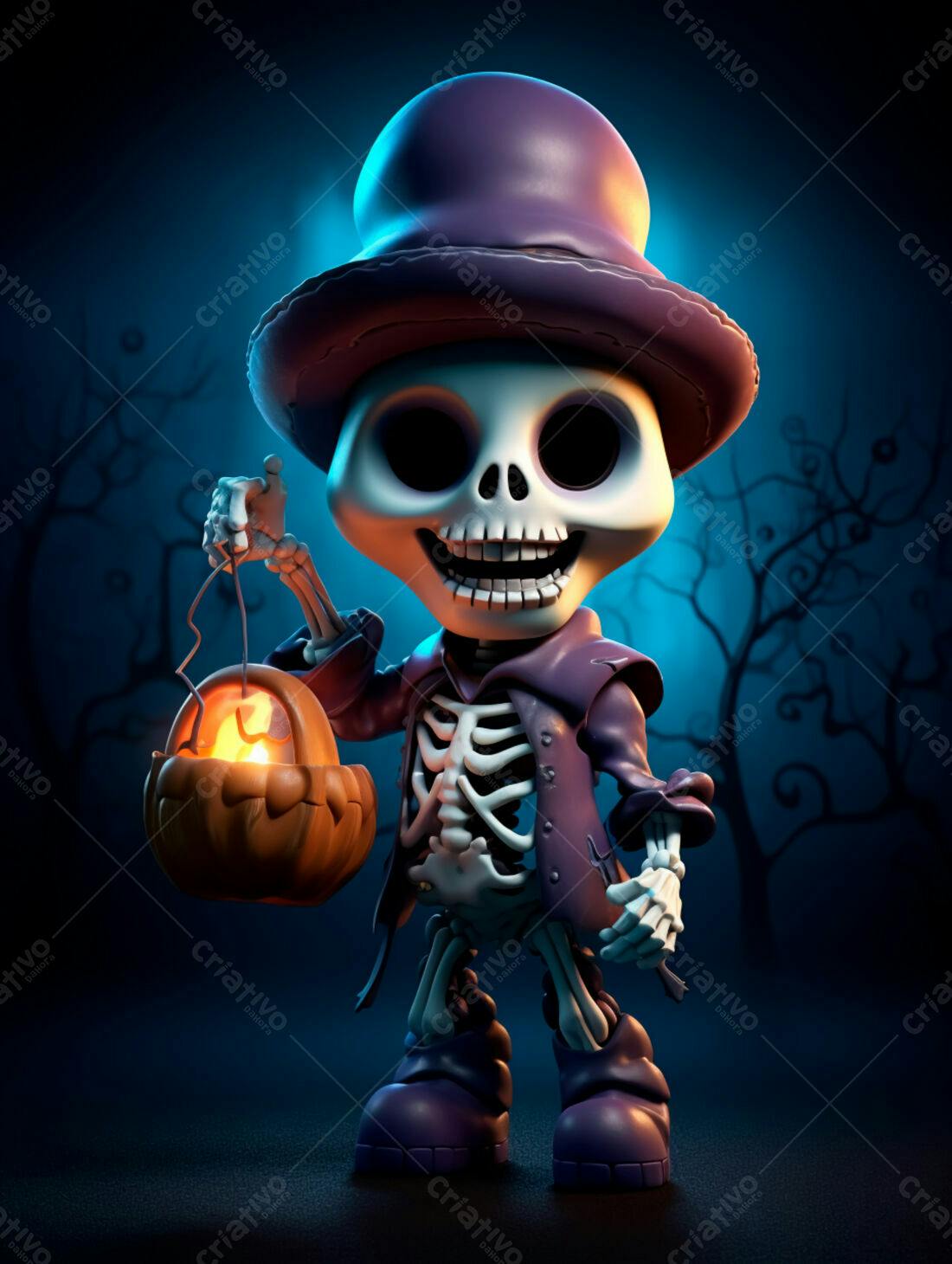 Esqueleto fofo com abóbora Halloween