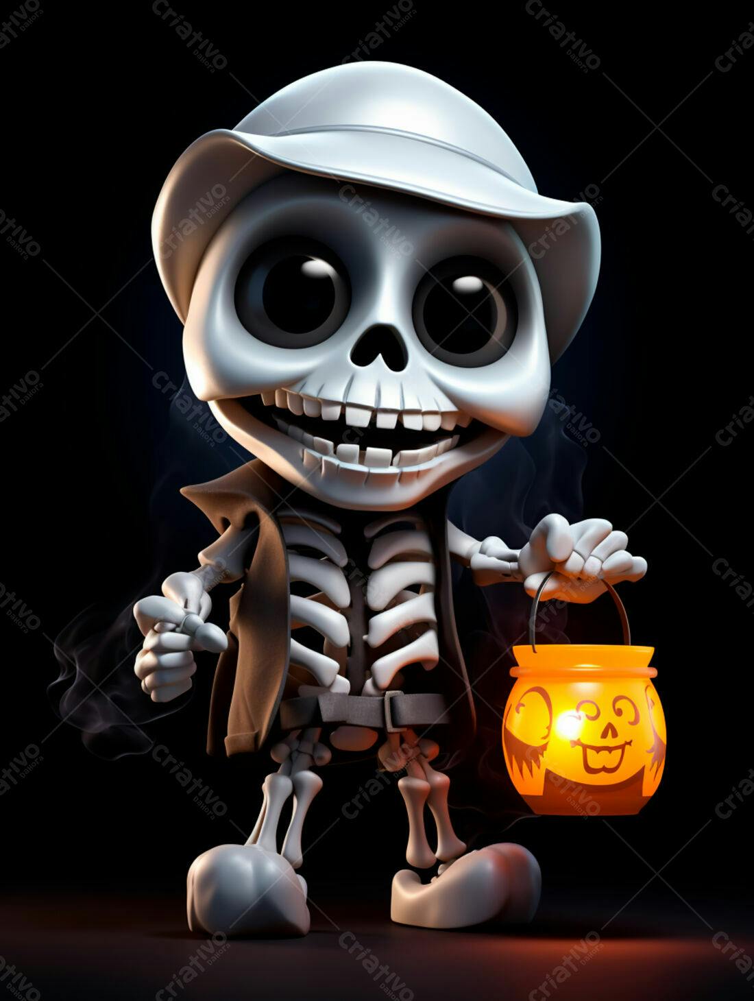 Esqueleto fofo com abóbora no Halloween