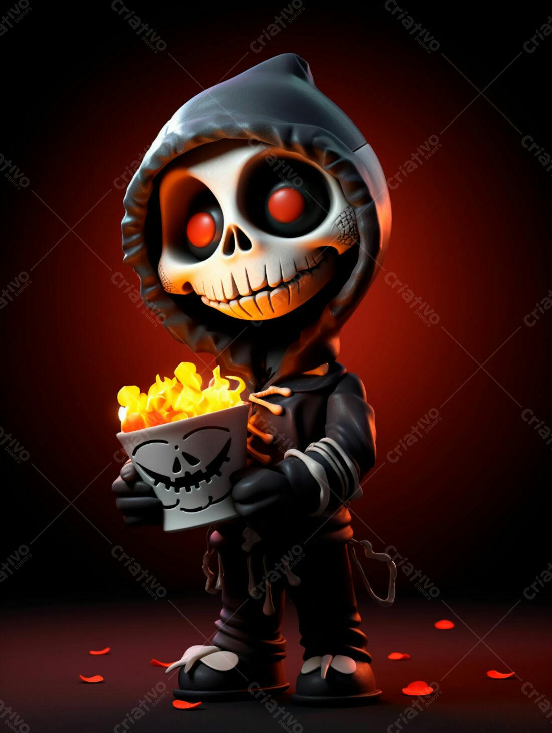 Esqueleto fofo com balde de doces de Halloween