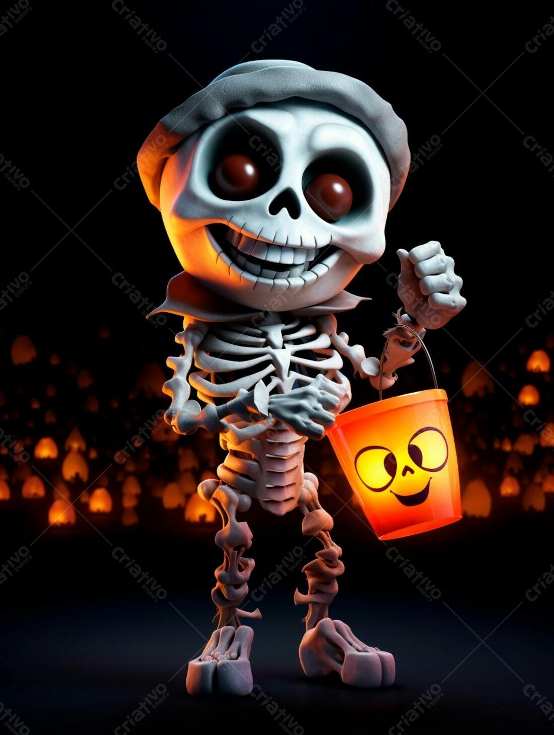 Esqueleto fofo com balde de doces no Halloween