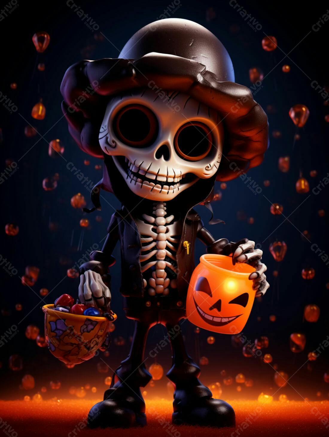 Esqueleto fofo com doces no Halloween