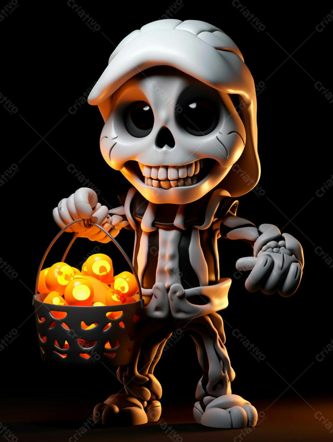 Esqueleto fofo com balde de doces Halloween