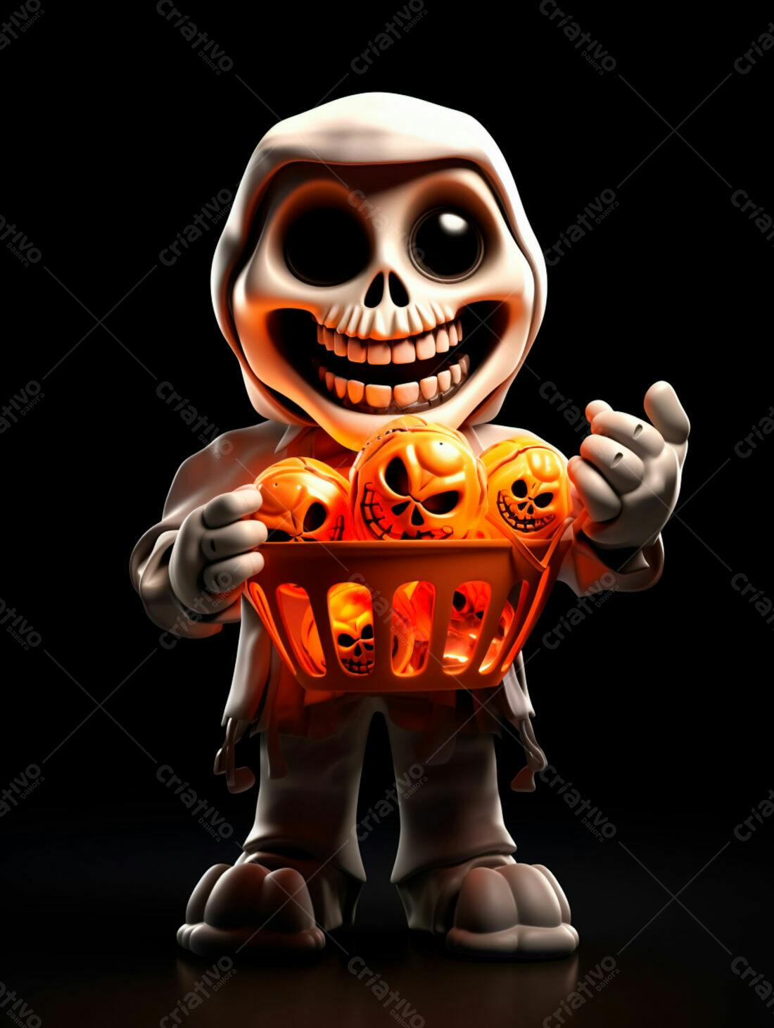 Fantasma fofo com cesta de caveiras Halloween