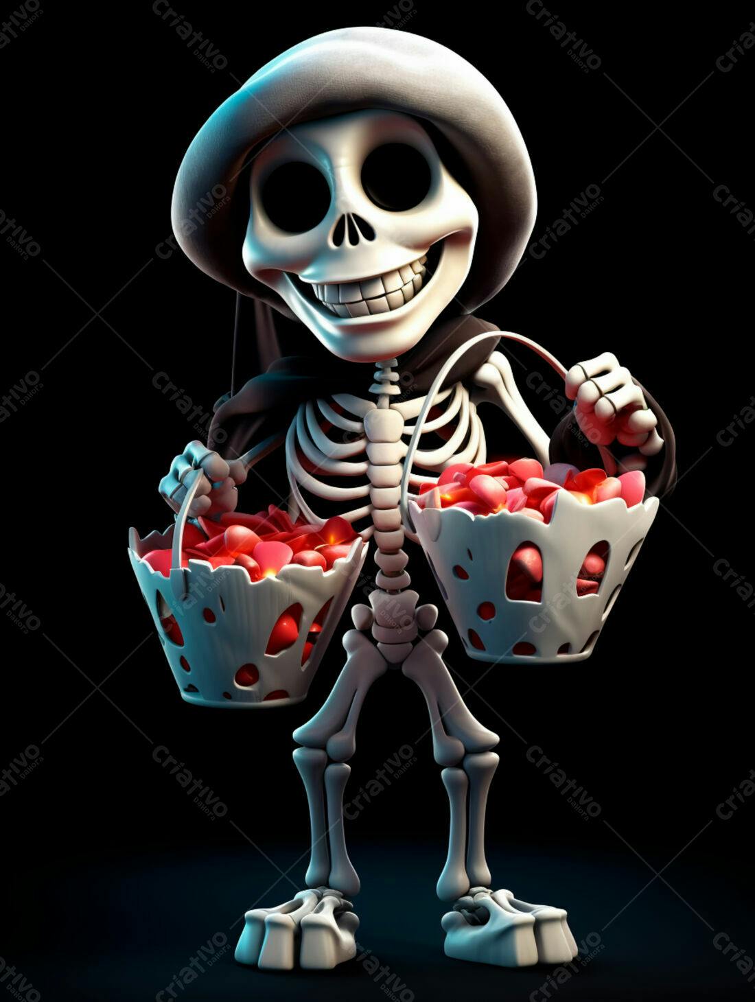 Esqueleto fofo com cestas de doces