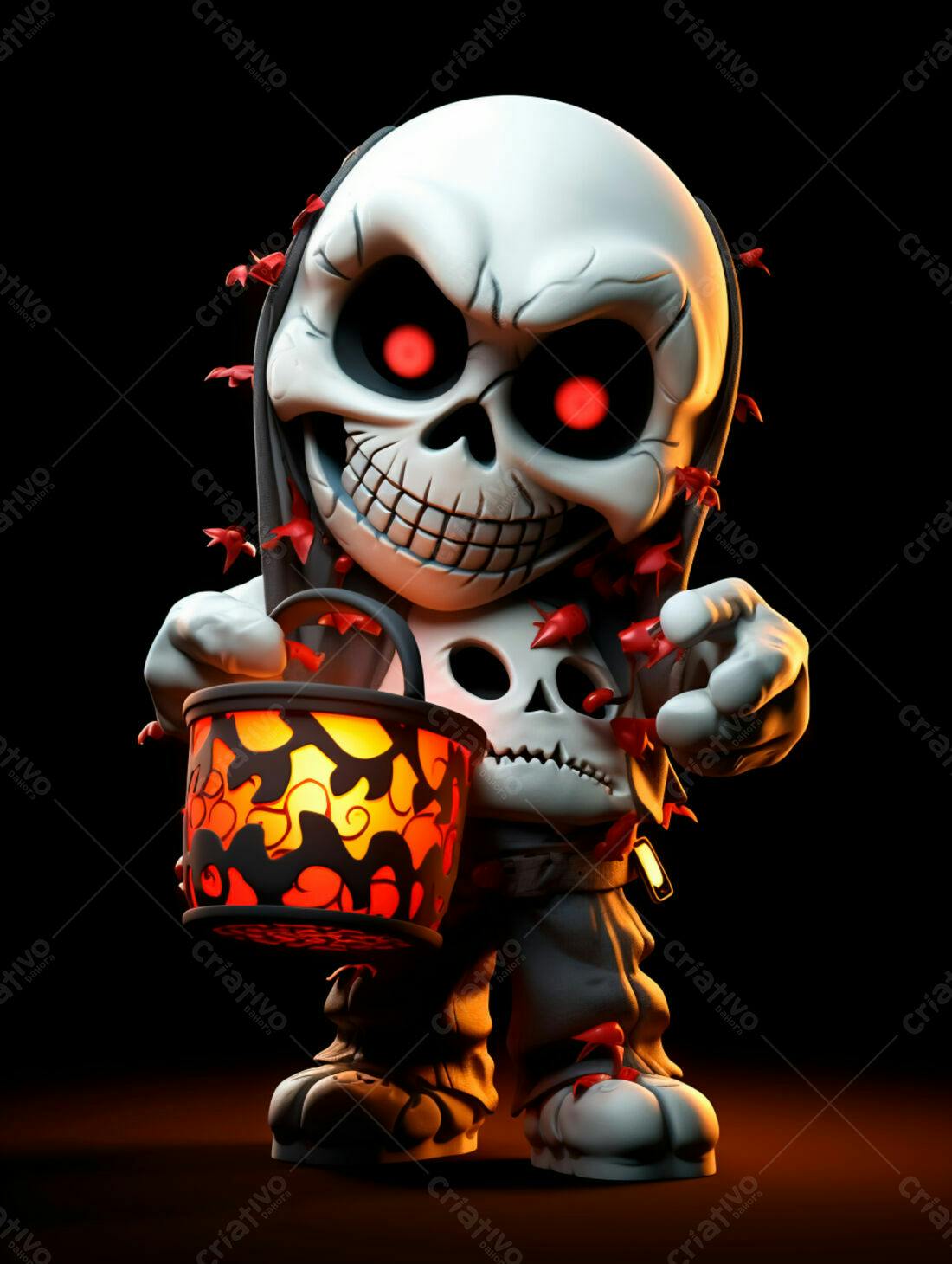 Esqueleto fofo com lanterna de Halloween