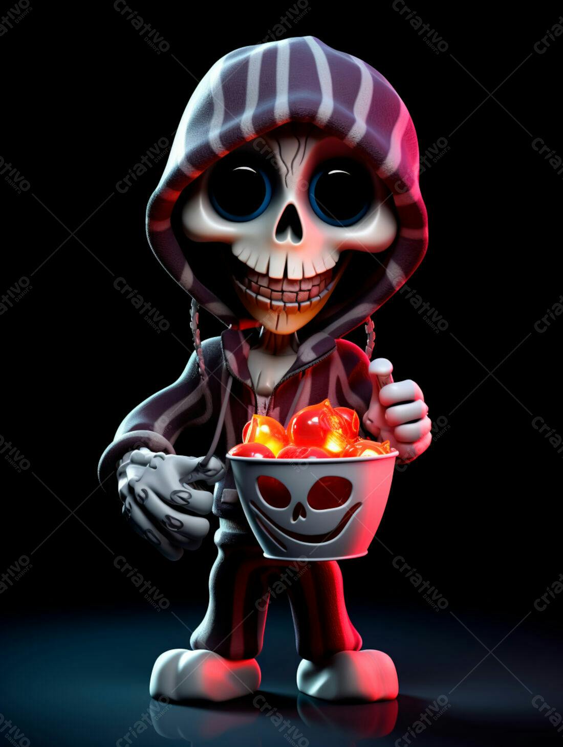 Esqueleto fofo com doces de Halloween